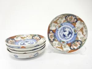 古伊万里　染付赤絵　魚　五寸皿　5客揃